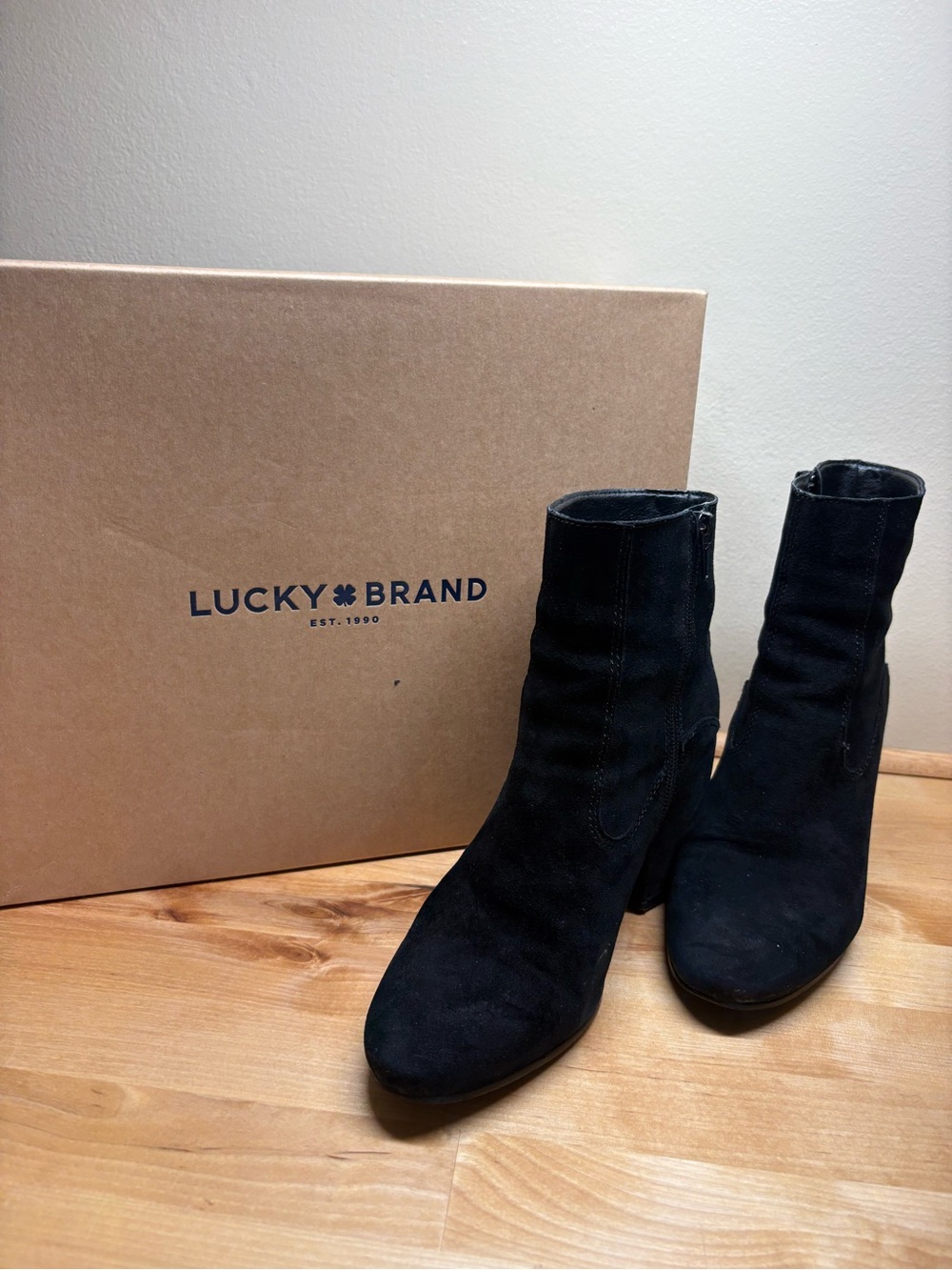 Lucky Brand Black Suede Block Heel Ankle Booties